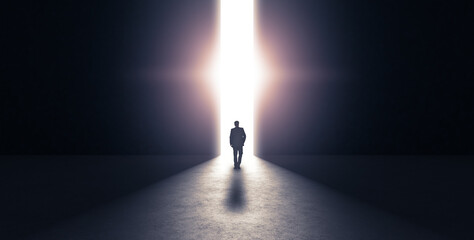 man walking towards light. 3d rendering