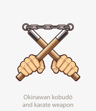 Man's Hands Holding Nunchucks Okinawan Kobudo And Karate Banner. Man Fists Nunchaku Traditional Okinawan Martial Arts Cold Weapon
