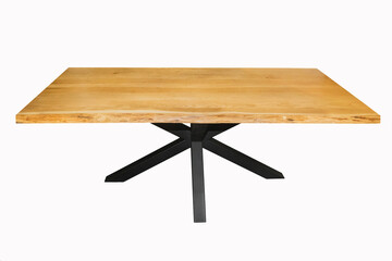 wooden lacquered table with black metal legs on white background. Interior element