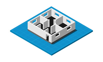 Isometric blueprint house floor plan simple flat vector illustration.