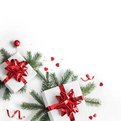 Wall Mural - merry christmas card made of fir branches, gift boxes, red decoration, sparkles and confetti on whit