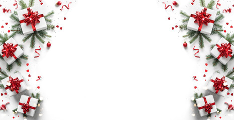 Wall Mural - merry christmas card made of fir branches, gift boxes, red decoration, sparkles and confetti on whit
