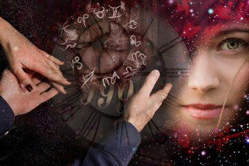 Woman's face against the background of astrological symbols
