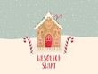 Domek z piernika i świąteczne laski cukrowe z czerwonym tekstem Wesołych Świąt, w tle jest śnieg i płatki śniegu