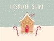 Domek z piernika i świąteczne laski cukrowe z napisem Wesołych Świąt, w tle jest śnieg i płatki śniegu