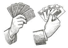 Poker Cards Straight Flush In Hand. Playing Cards Sketch Vintage Vector Illustration