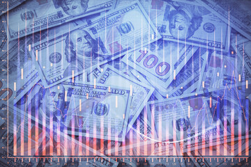 Double exposure of forex graph drawing over us dollars bill background. Concept of financial markets.