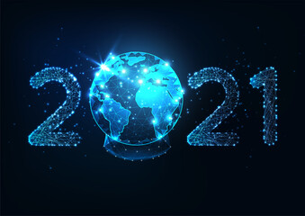 Wall Mural - Futuristic New Year digital web banner with glowing low polygonal 2021 number and planet earth globe