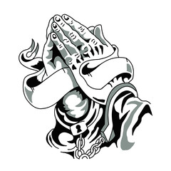 Praying hands with handcuffs  and banner- White/black/grey (EPS)