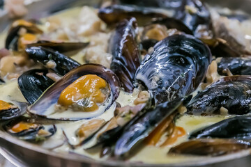 Closeup shot of cooked mussels