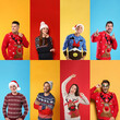 © New Africa - Collage with photos of men and women in different Christmas sweaters on color backgrounds