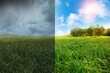 Green field during sunny and stormy weather, collage