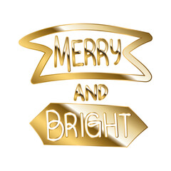 Wall Mural - merry and bright in gold lettering with white background