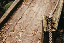 Closeup Shot Of A Rope Passing Through A Hole On A Wooden Pole Of A Forest Trail