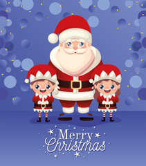 Canvas Print - santa claus and two elfs with merry christmas lettering