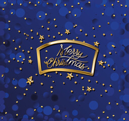 Poster - merry christmas in gold lettering on square, stars and blue background