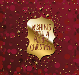 Wall Mural - wishing you a merry christamas in gold lettering with stars on a red background