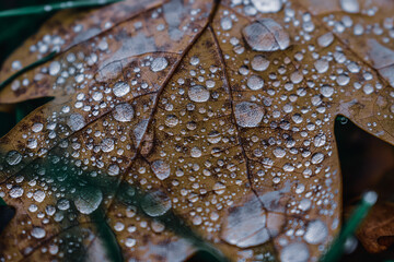 Sticker - Macro shot of an autumn leaf with water droplets on it