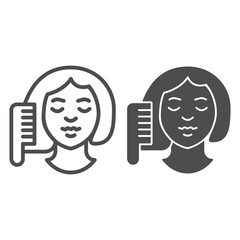 Poster - Hairbrush and girl face line and solid icon, makeup routine concept, Women brushing hair with comb sign on white background, girl doing hair care icon in outline style. Vector graphics.