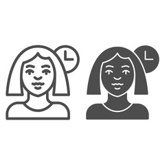 Poster - Woman and clock line and solid icon, makeup routine concept, Woman activity on clock sign on white background, Girl and watch icon in outline style for mobile concept and web design. Vector graphics.