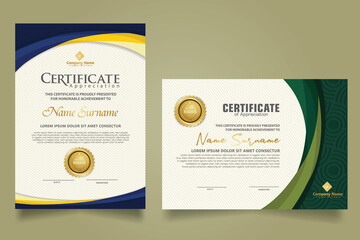 Wall Mural - Set modern certificate template with futuristic and elegant color wave shape on the ornament and modern pattern background