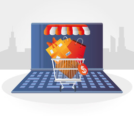 Poster - online shopping, laptop computer technology cart with gift and bag