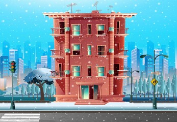 Vector winter snowy cartoon style modern multi-storey building, architecture in cartoon style all road covered in snow. Road crossing and school sign.