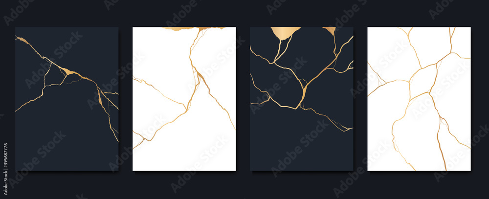 Gold kintsugi cover design vector. Luxury golden marble texture. Crack and broken ground pattern for wall arts, home decoration, print and wallpaper. - obrazy, fototapety, plakaty 