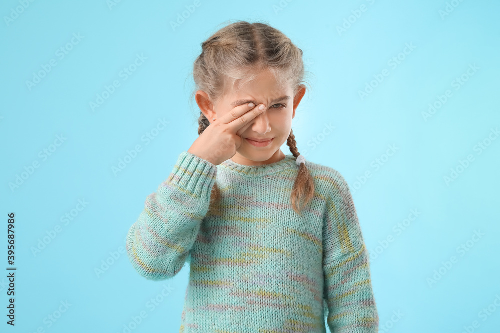 Little allergic girl on color background