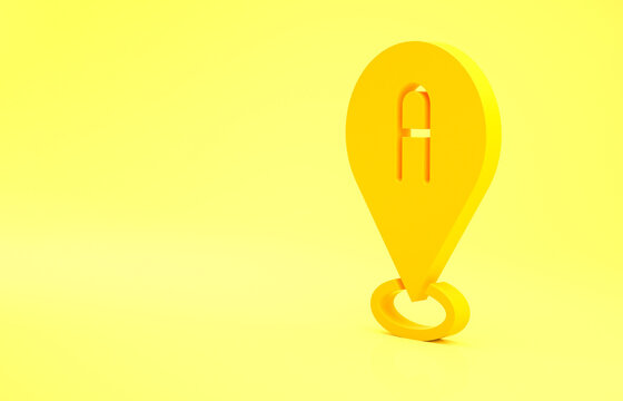 Yellow Map pin icon isolated on yellow background. Navigation, pointer, location, map, gps, direction, place, compass, search concept. Minimalism concept 3d illustration 3D render