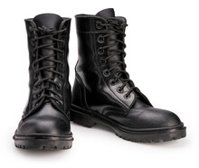 Black Leather Combat Shoes Isolated On White Background With Clipping Path, Shiny Polished Black Leather Soldiers Combat Shoes.