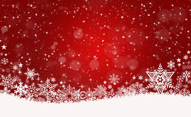 Wall Mural - Snow red background. Christmas snowy winter design. White falling snowflakes, abstract landscape. Cold weather effect.