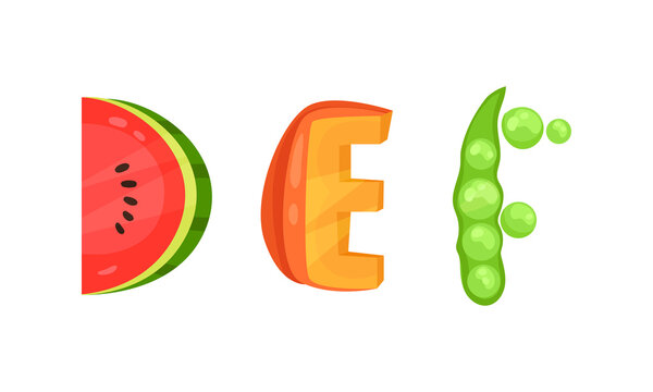 Veggie English Alphabet Letters Made from Fresh Vegetables Vector Set