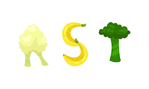 English Alphabet Letters of Fresh Fruit and Vegetables Vector Set