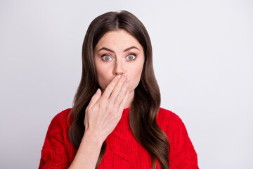 Sticker - Photo portrait of female student closed mouth with hands keeping secret speechless isolated on pastel grey color background