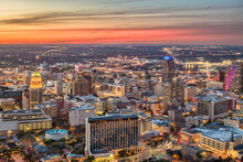 San Antonio, Texas, USA Downtown City Skyline At Dusk.