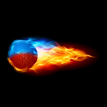 An Abstract Image Of A Red Ball Shot At High Speed With The Magical Power Of Blue And Red Fire On A Black Background