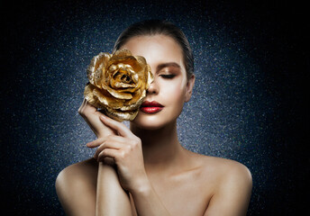 Poster - Woman Face Skin Care Flower Gold Mask. Beautiful Fashion Girl with Rose Jewelry on Face. Night Treatment Product