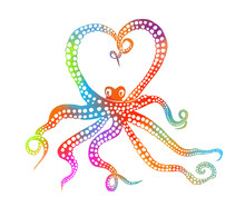 Octopus Multicolored. Octopus Graphic. Love. Happy Valentine's Day. The Octopus Makes A Heart Out Of Its Tentacles . Vector Illustration