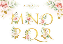 Watercolor Floral Alphabet Set With Golden Leaves