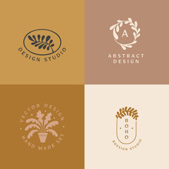 Poster - Vector logo design template in simple minimal style with hand-drawn leaves
