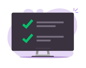 Fototapete - Checklist with check marks list online on computer screen vector flat cartoon illustration, idea of task manager app, to do list with done scheduled things, digital report with checkbox