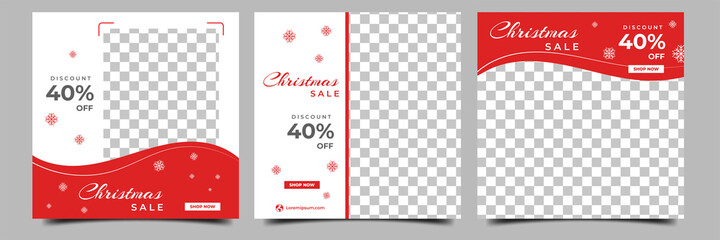 Wall Mural - Set of editable square banner designs. Red and white color background with snowflakes illustration. Christmas social media post with a photo collage. Usable for social media, and web internet ads.