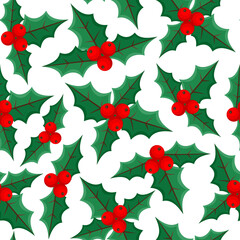 Wall Mural - Christmas seamless pattern with holly berries on white background.