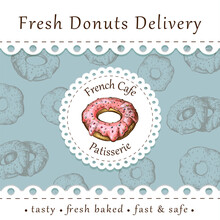 Donuts Vintage Banner Or Poster With Lacy Cut On Blue. Homemade Pastry Delivery Leaflet Template. Baking Label. Retro Sketch, Engraved Illustration. Doughnuts Flyer For Bakery Shop, Cafe, Restaurant