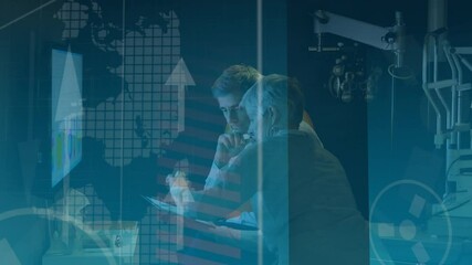 Poster - Data processing against male and doctor using computer and digital tablet