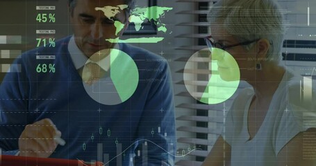 Poster - Statistical data processing against male doctor talking to senior woman