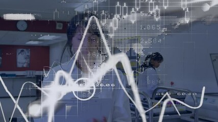 Poster - Financial data processing against two female scientists working in laboratory 