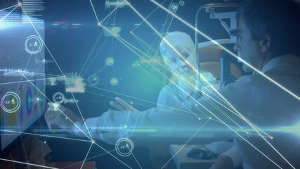 Poster - Network of connections and data processing against male doctor showing reports on computer to senior