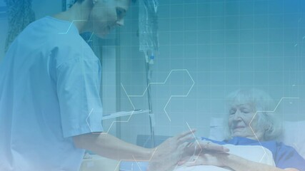 Poster - Chemical structure moving against male health worker examining female patient